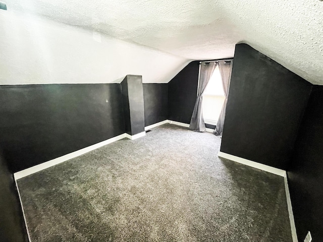 additional living space featuring vaulted ceiling, carpet floors, and a textured ceiling