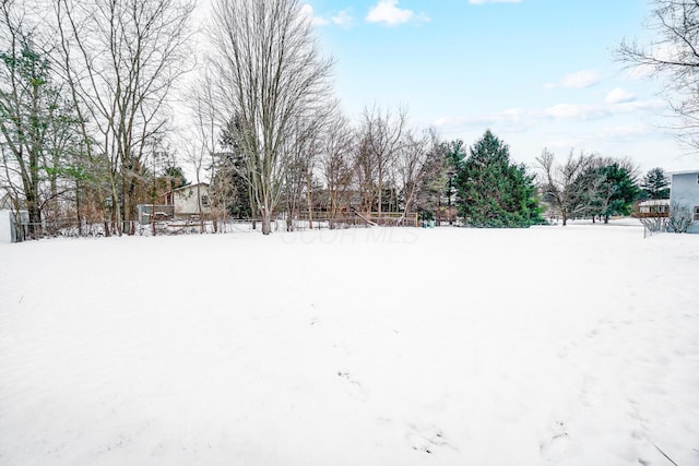 view of yard layered in snow