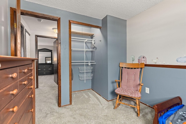 sitting room featuring carpet floors and a textured ceiling