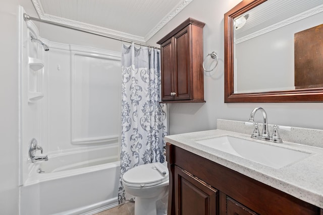 full bathroom featuring vanity, shower / bath combo with shower curtain, crown molding, tile patterned flooring, and toilet