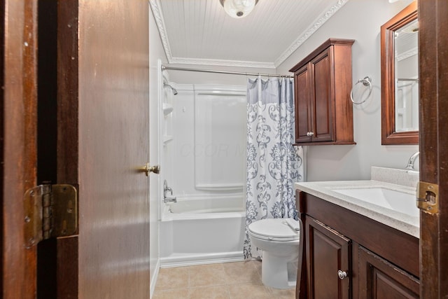 full bathroom with vanity, tile patterned flooring, toilet, ornamental molding, and shower / tub combo