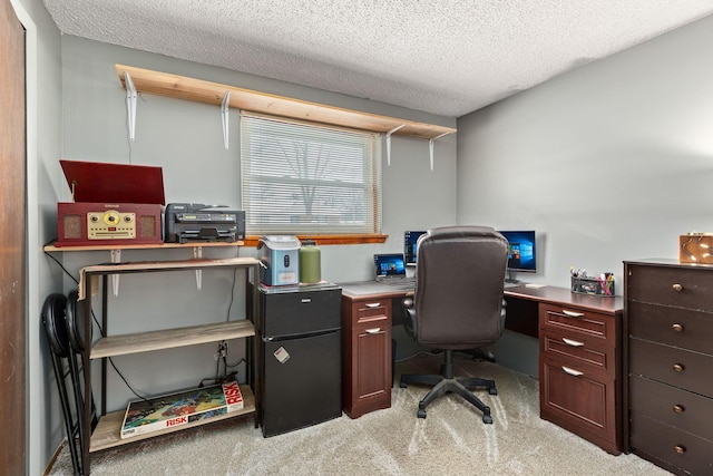 home office with a textured ceiling and light colored carpet