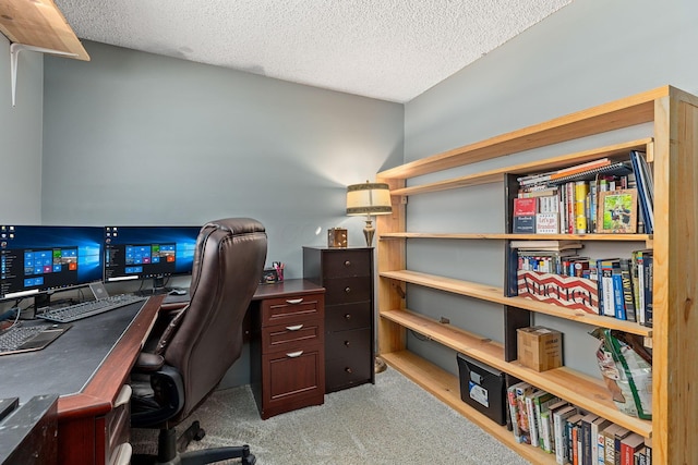 carpeted office with a textured ceiling