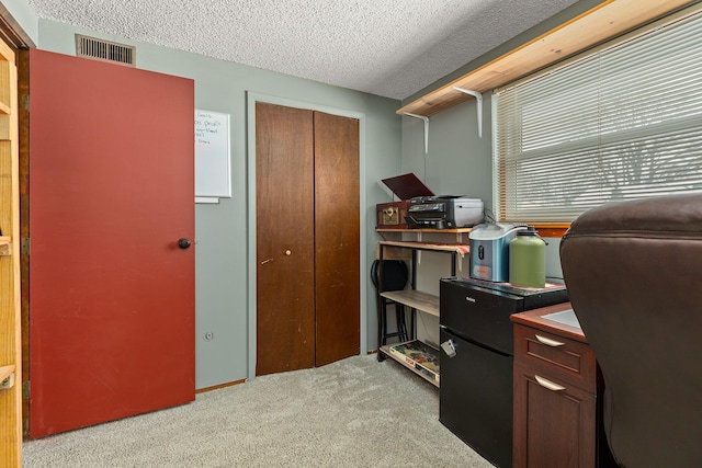 carpeted office with a textured ceiling