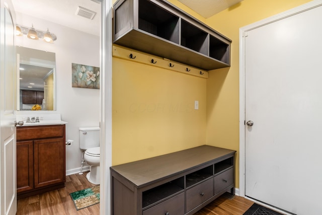 mudroom with hardwood / wood-style flooring and sink