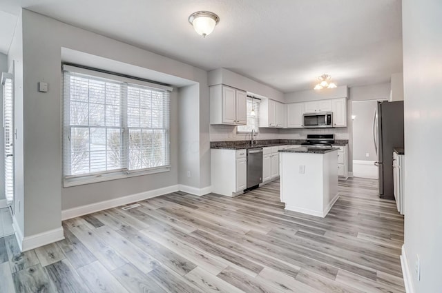 kitchen featuring sink, a kitchen island, light hardwood / wood-style floors, white cabinets, and appliances with stainless steel finishes