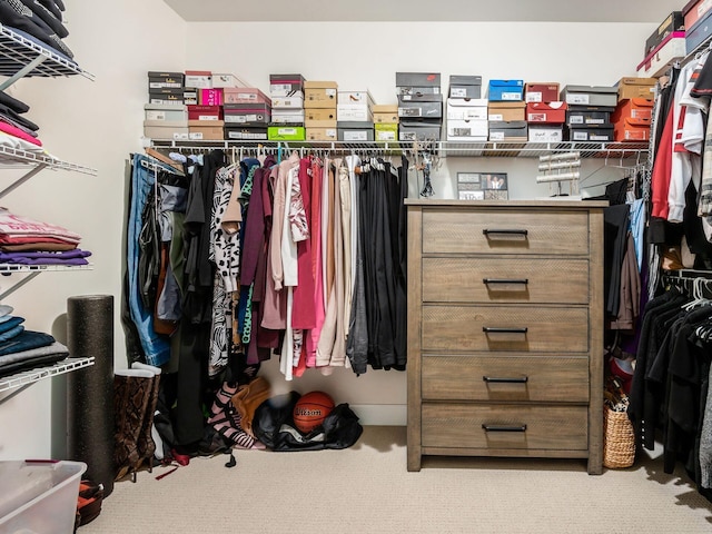 walk in closet featuring light colored carpet