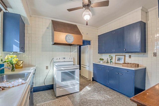 kitchen featuring blue cabinets, sink, custom exhaust hood, ornamental molding, and white appliances