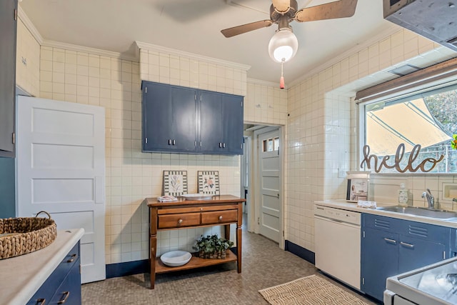 kitchen featuring sink, white appliances, blue cabinetry, tile walls, and ornamental molding