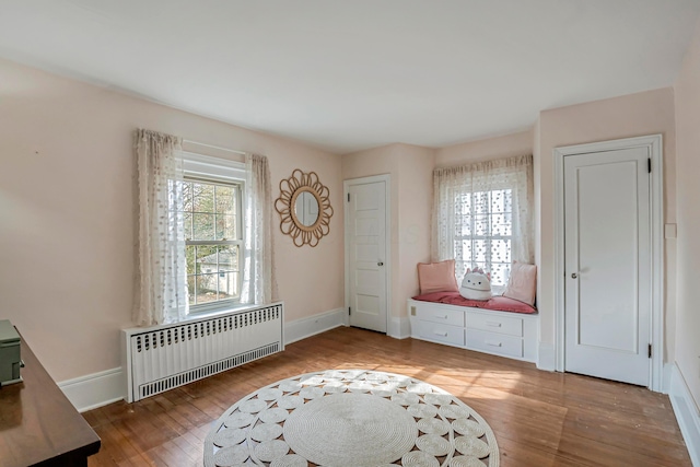 entryway with hardwood / wood-style flooring, radiator heating unit, and plenty of natural light