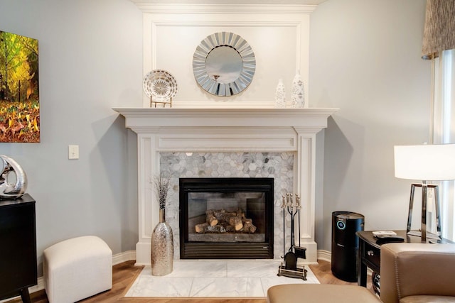 details with hardwood / wood-style floors and a fireplace