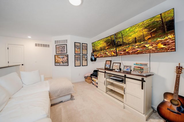 living room featuring light colored carpet