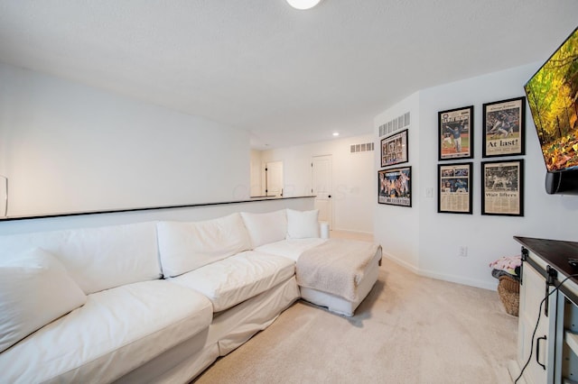 living room with light colored carpet