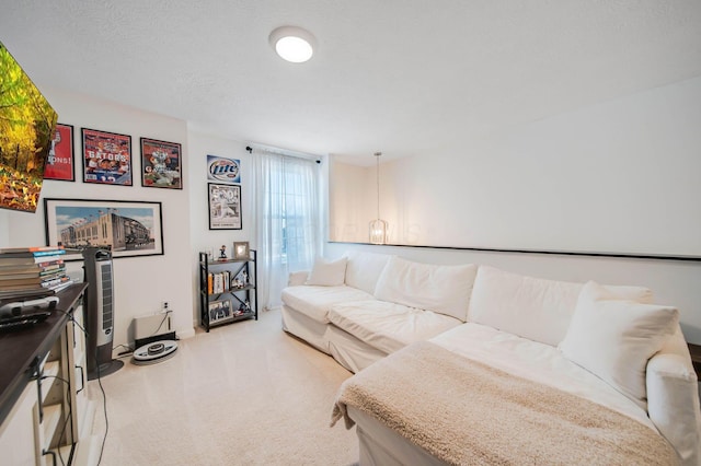 living room with light carpet and a textured ceiling