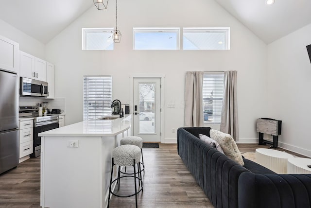 kitchen featuring white cabinets, decorative light fixtures, stainless steel appliances, tasteful backsplash, and a kitchen island with sink