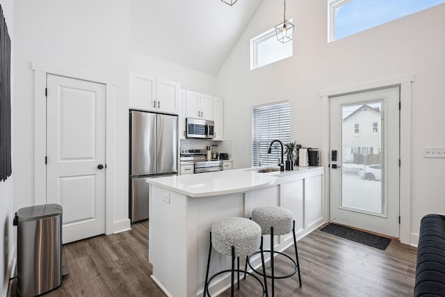 kitchen with white cabinetry, a kitchen bar, stainless steel appliances, tasteful backsplash, and sink