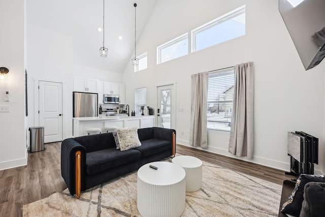 living room with light wood-type flooring and a high ceiling