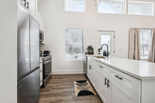 kitchen featuring stainless steel appliances, decorative backsplash, dark wood-type flooring, white cabinets, and sink