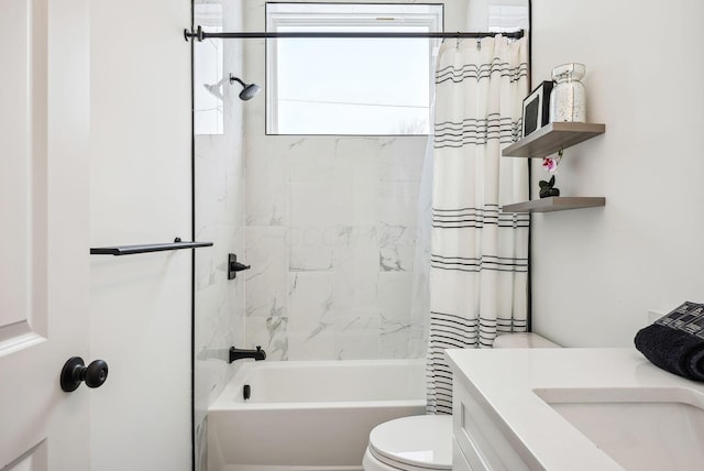 full bathroom featuring toilet, vanity, and shower / bath combination with curtain