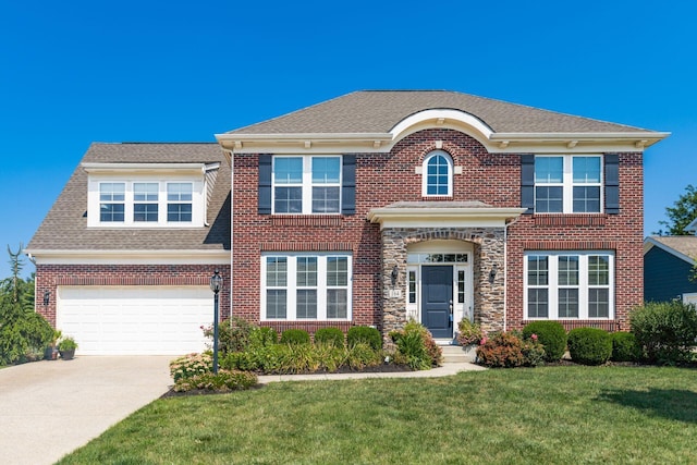 colonial inspired home featuring a garage and a front lawn