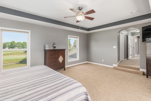 carpeted bedroom with ceiling fan, a raised ceiling, and multiple windows