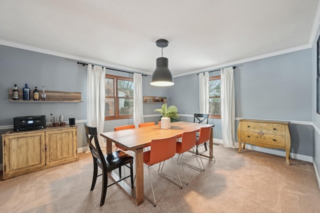 carpeted dining space featuring crown molding and a healthy amount of sunlight