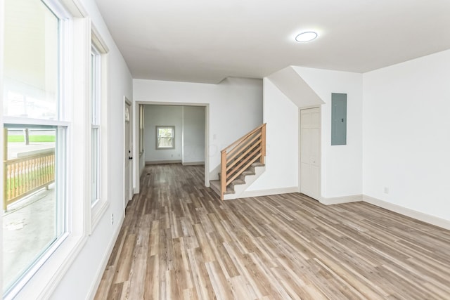 interior space featuring a healthy amount of sunlight, light wood-type flooring, and electric panel