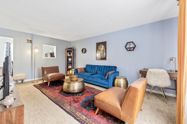 carpeted living room with a textured ceiling