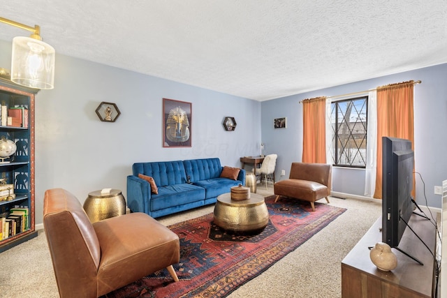 living room featuring carpet floors and a textured ceiling