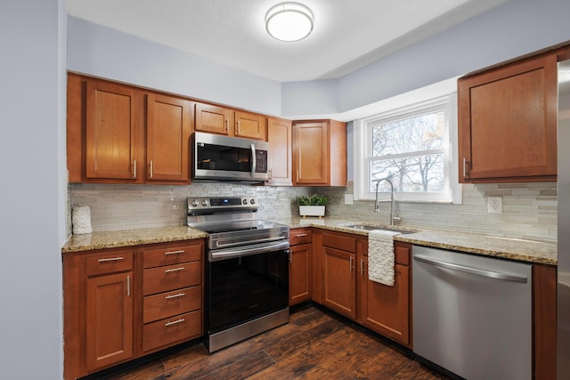 kitchen featuring backsplash, dark wood-type flooring, sink, and stainless steel appliances