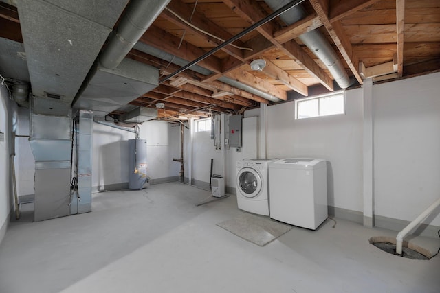 basement with washing machine and dryer, electric panel, heating unit, and gas water heater