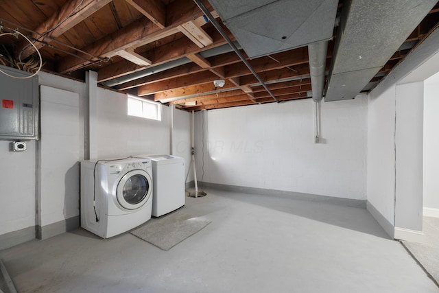 washroom featuring electric panel and washing machine and clothes dryer