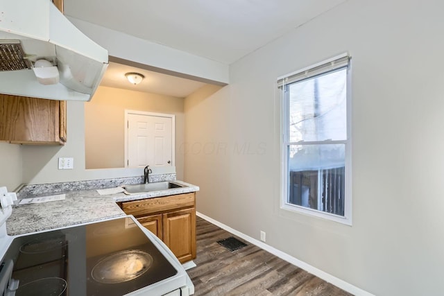 kitchen with dark hardwood / wood-style flooring, sink, and white range with electric cooktop