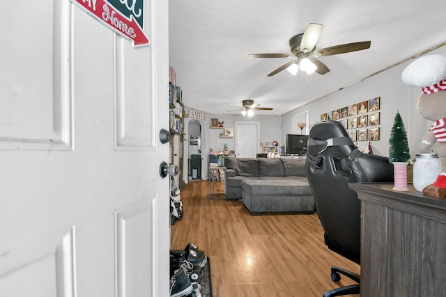 office space with ceiling fan and wood-type flooring