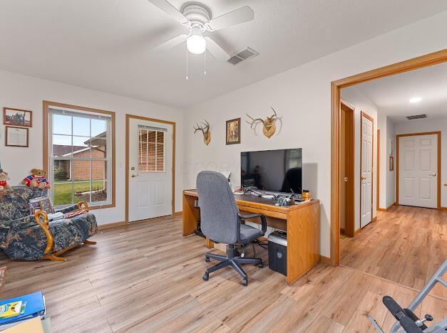 office featuring ceiling fan and light wood-type flooring