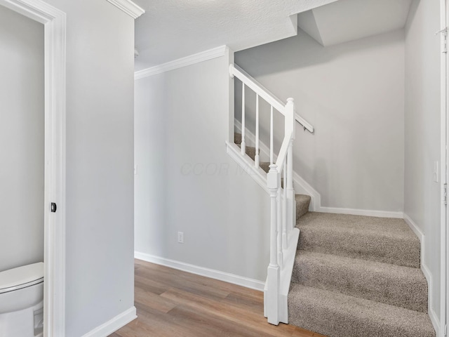 stairway featuring wood-type flooring and ornamental molding