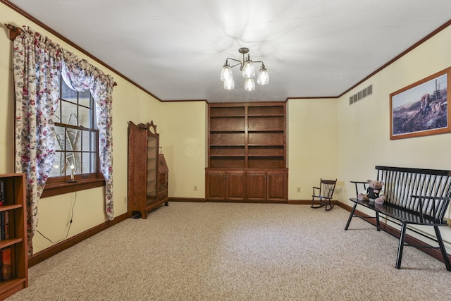 living area with a notable chandelier, carpet flooring, visible vents, baseboards, and crown molding