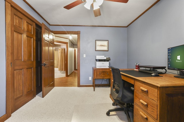 office with ornamental molding, ceiling fan, and baseboards