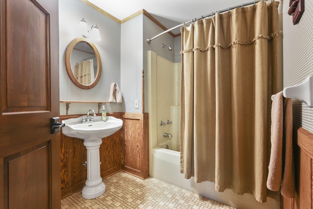 full bath with shower / bath combo, tile patterned flooring, and wallpapered walls