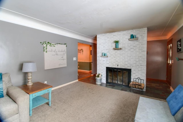 carpeted living room featuring a fireplace