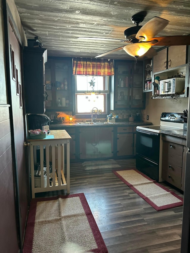 kitchen with wood finished floors, a sink, wood ceiling, range with electric stovetop, and stainless steel microwave