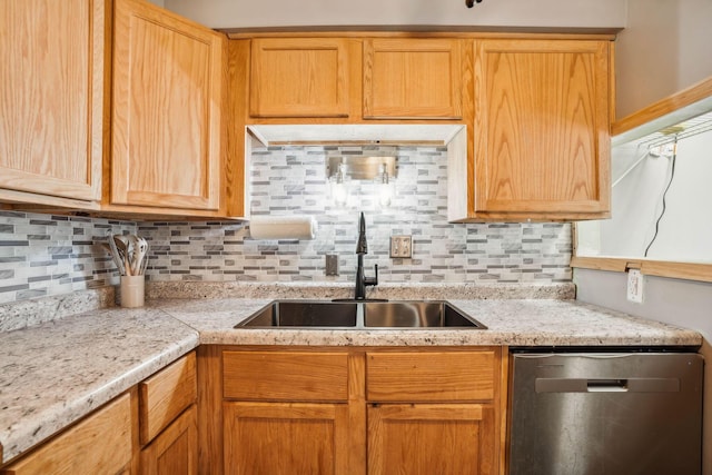 kitchen featuring backsplash, sink, and stainless steel dishwasher