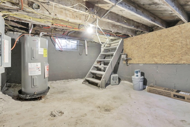 basement featuring electric water heater and electric panel