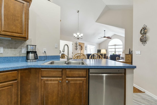 kitchen with sink, ceiling fan, backsplash, vaulted ceiling, and stainless steel dishwasher