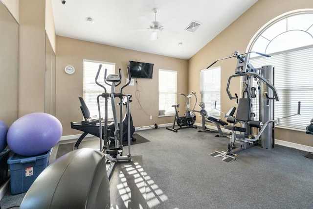 workout area featuring vaulted ceiling and ceiling fan