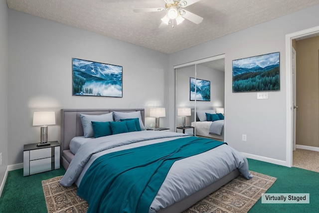 carpeted bedroom featuring a textured ceiling, ceiling fan, and a closet