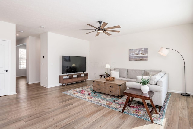 living room with ceiling fan and light hardwood / wood-style flooring