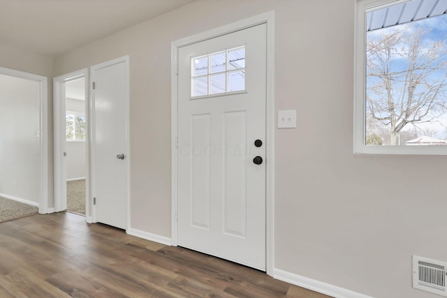 entryway with plenty of natural light and dark hardwood / wood-style floors