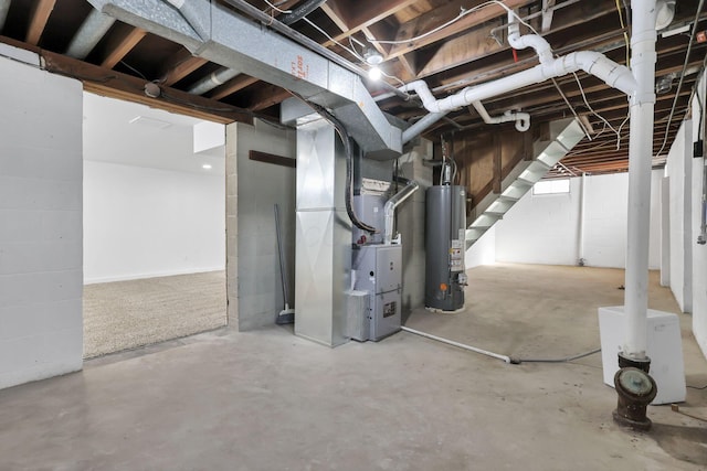 basement with heating unit and water heater