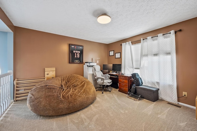 carpeted office space with a textured ceiling